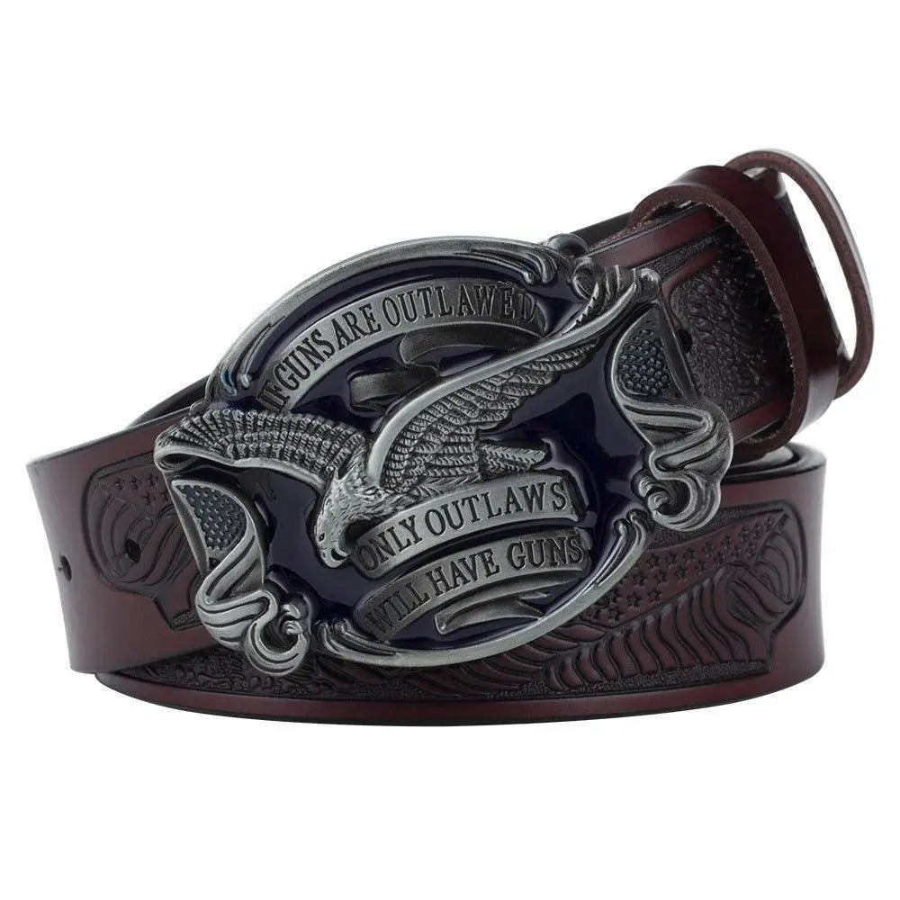 Brown leather western belt with engraved eagle buckle for stylish Western wear