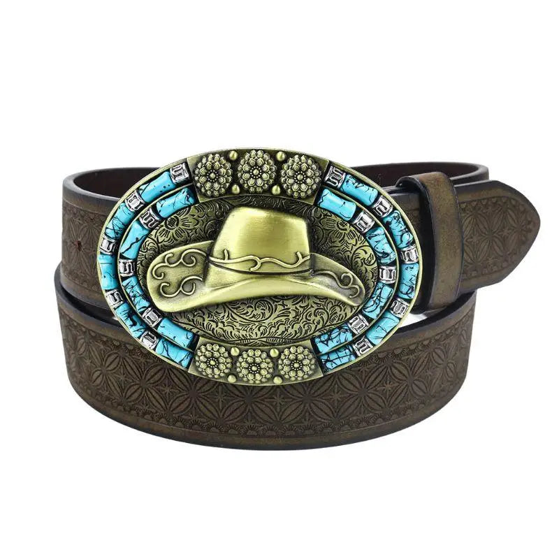 Brown leather belt showcasing a cowboy hat buckle for Western style attire