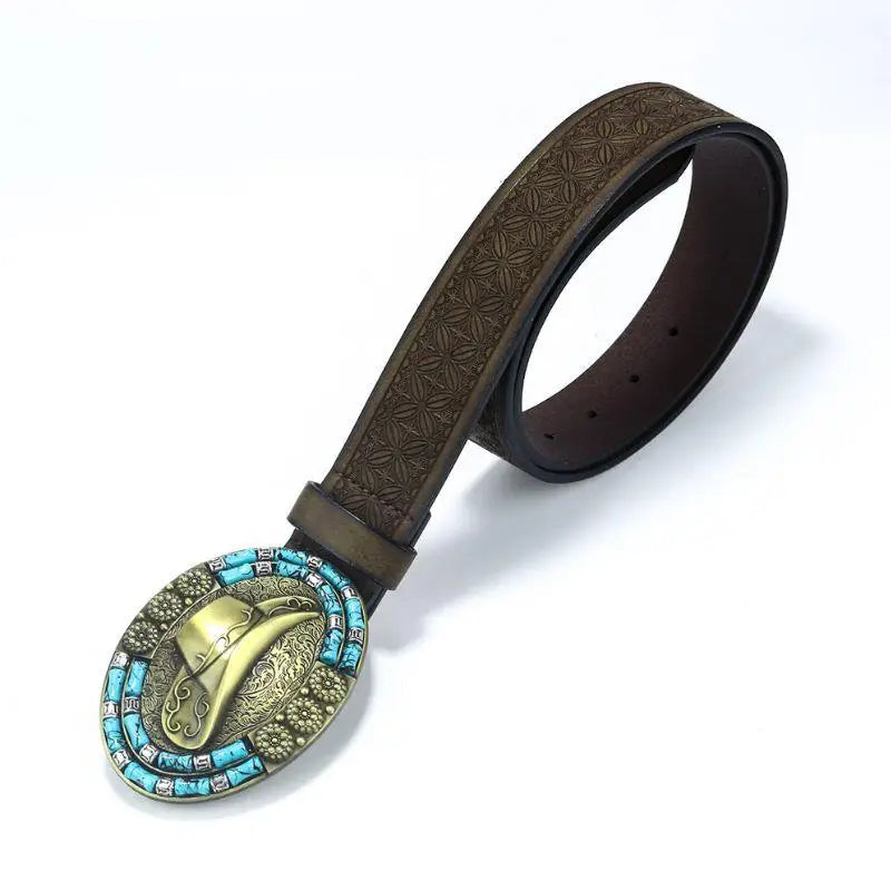 Brown leather belt with turquoise cowboy hat buckle for Western fashion accessory