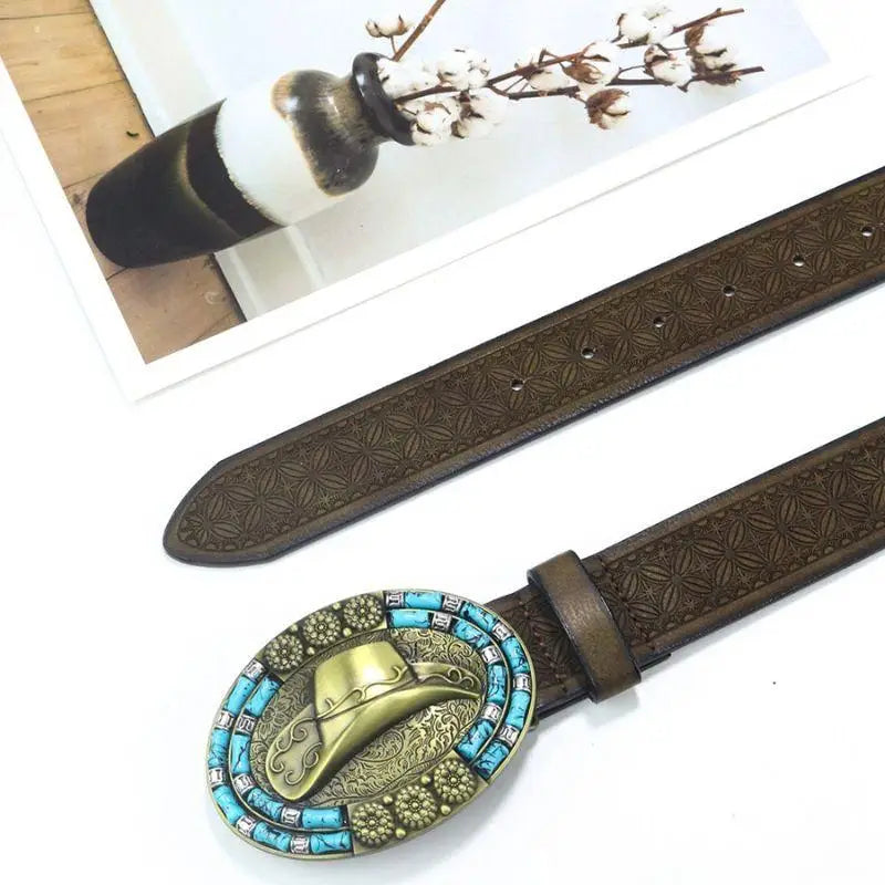 Brown leather belt with a turquoise cowboy hat buckle for Western fashion style