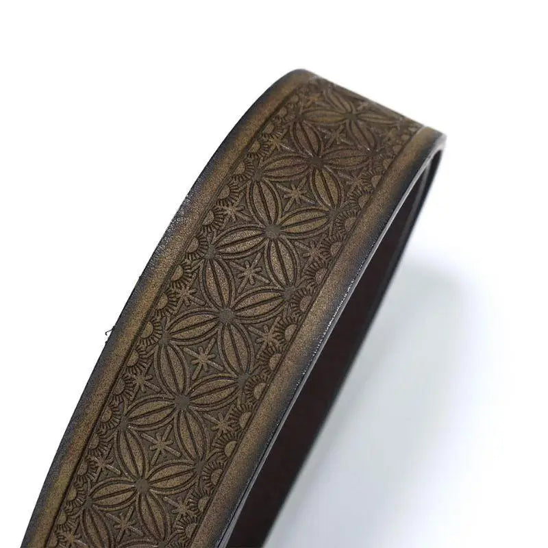 Embossed brown leather belt with cowboy hat buckle for western style accessories