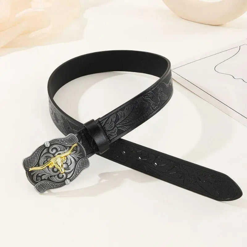 Gaima Western Belt featuring black leather and ornate steer buckle for Western style
