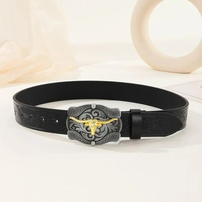 Black leather Gaima Western Belt with ornate bull buckle for Western belt style