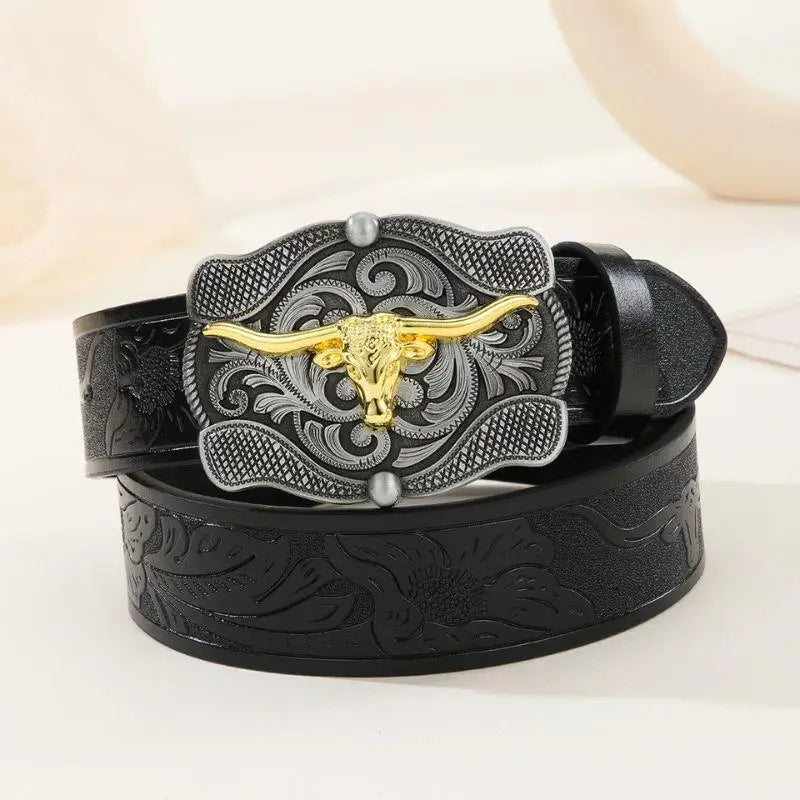 Black leather Gaima Western belt featuring an ornate bull buckle for western style customers