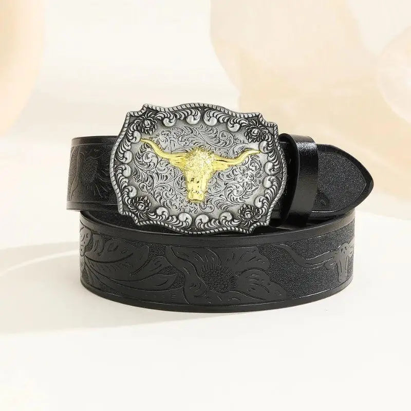 Black leather belt featuring an ornate bull buckle for stylish western wear