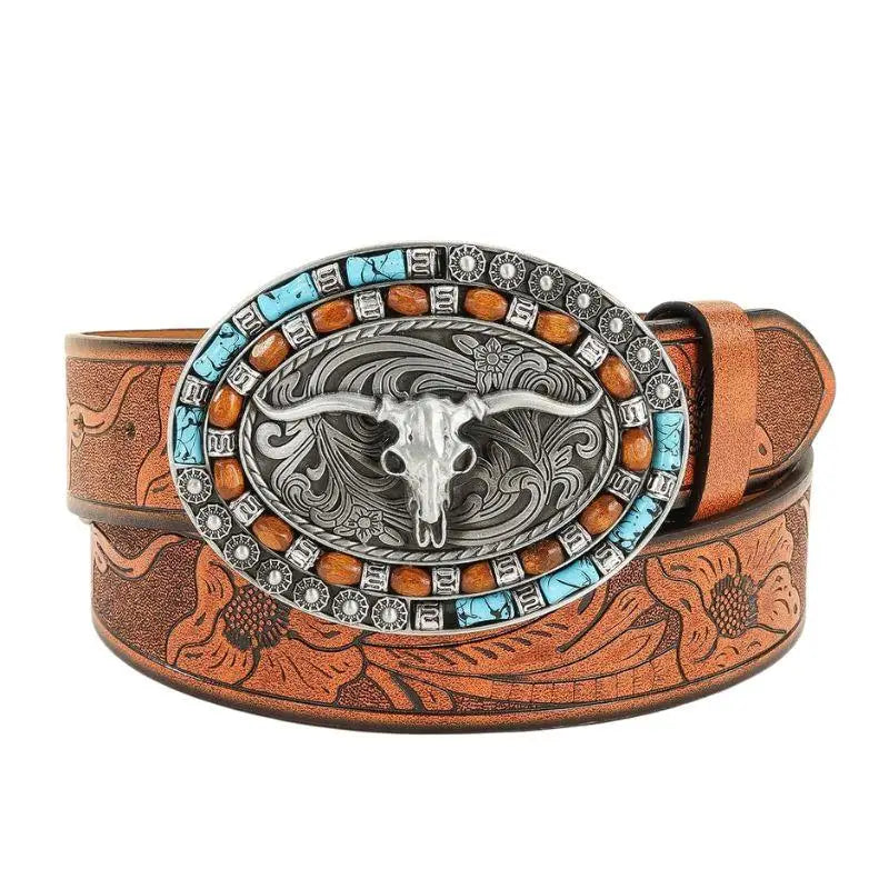 Brown leather belt featuring a steer skull buckle for Western style fashion