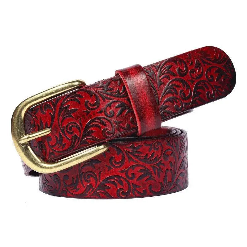 Red leather belt with gold buckle from Eyota Western Leather Belts with Patterned Designs
