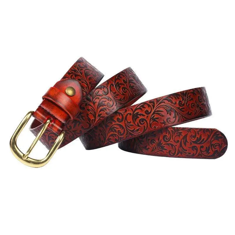 Embossed red leather western leather belt with gold buckle from Eyota Western Leather