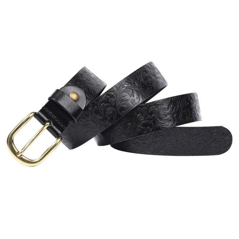 Eyota Western Leather belt featuring a gold buckle and patterned western leather design