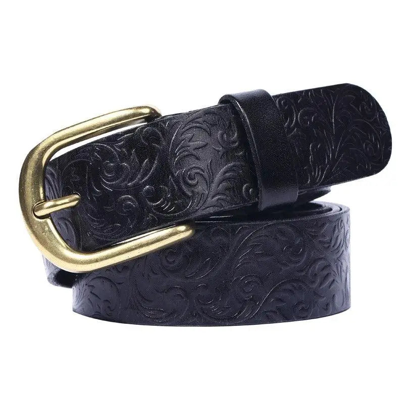 Embossed black leather western leather belt with gold buckle by Eyota Western Leather