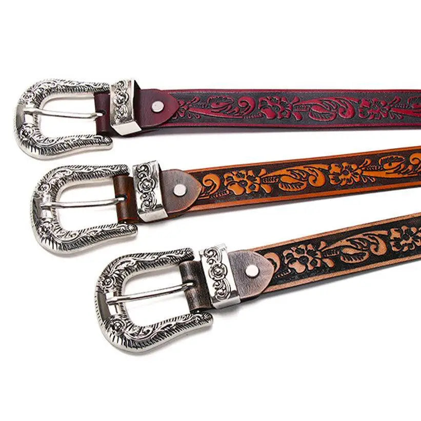 Yatokya belt collection featuring three embossed leather belts with ornate buckles
