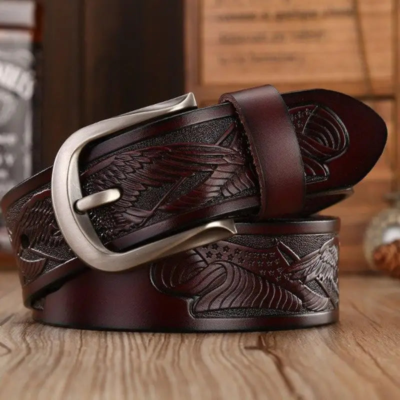 Embossed black Leather Western En Cuir belt with eagle design and silver buckle, Nukka Model