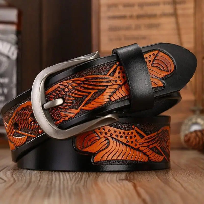 Black leather belt featuring eagle design from the Distinctive Nukka Model Western en Cuir