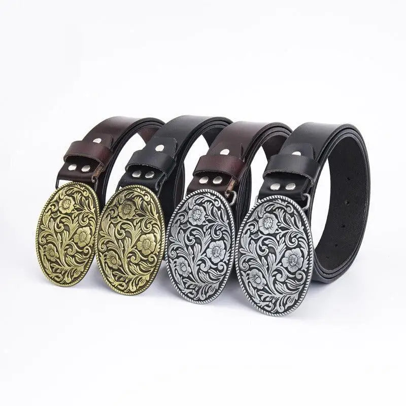 Assorted leather belts featuring ornate oval buckles displayed in a product listing