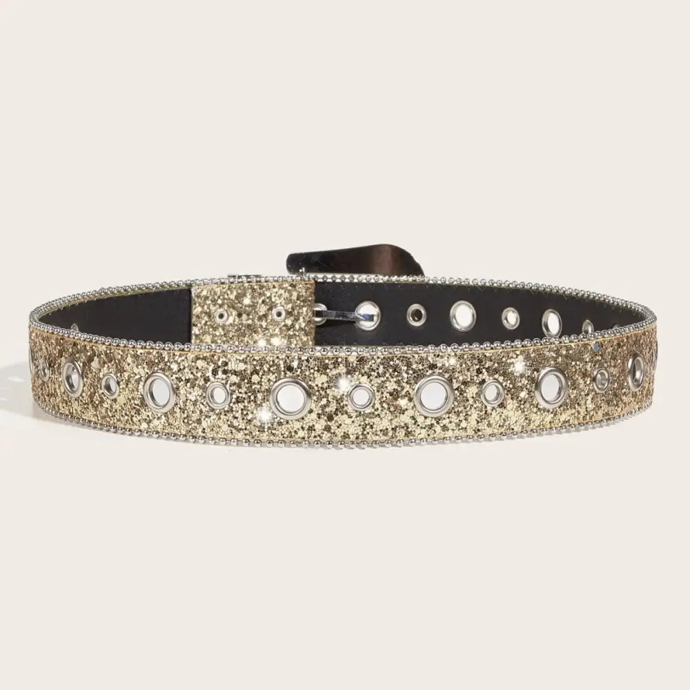 Glittery gold Briella Sequin Western belt with grommets and rhinestone buckle for elegant style