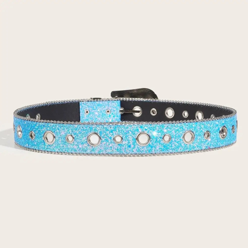 Sparkly blue Briella Sequin Western Belt with Grommets and Rhinestone Buckle