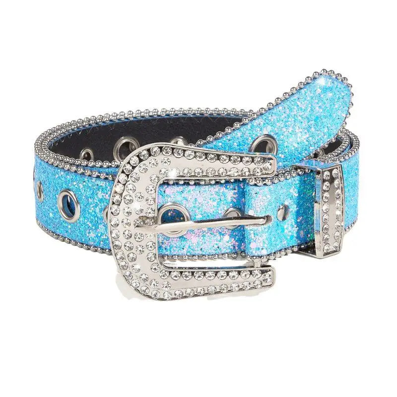 Sparkly blue rhinestone belt from Briella Sequin Western collection with rhinestone buckle