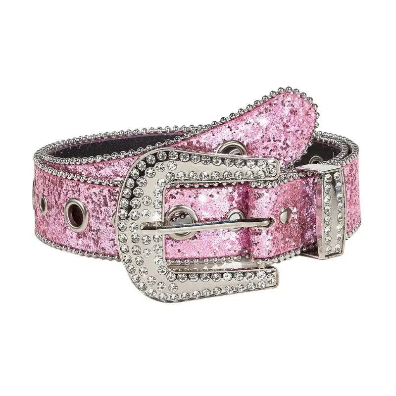 Pink glittery briella sequin western belt with rhinestone buckle for elegant style