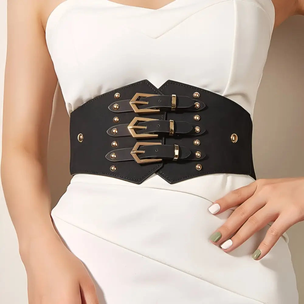 Aziadé Belt Black Corset with Gold Buckles and Studs for stylish waist accentuation