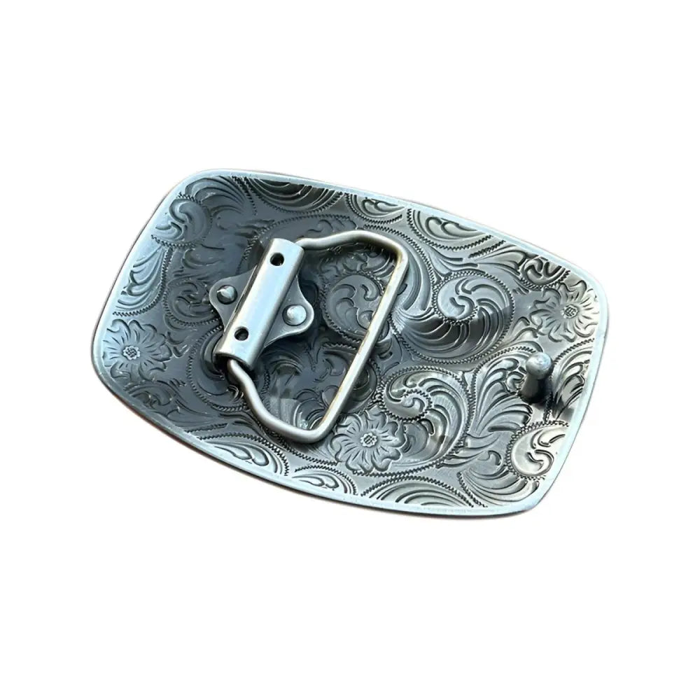 Silver ornate belt buckle featuring eagle and guns design for stylish accessory display