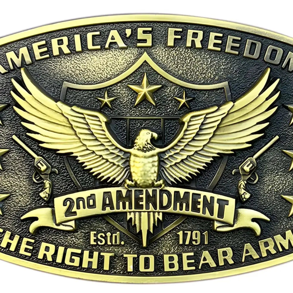 Silver Ornate Belt Buckle Featuring Eagle and Guns Design for Western Style Fashion