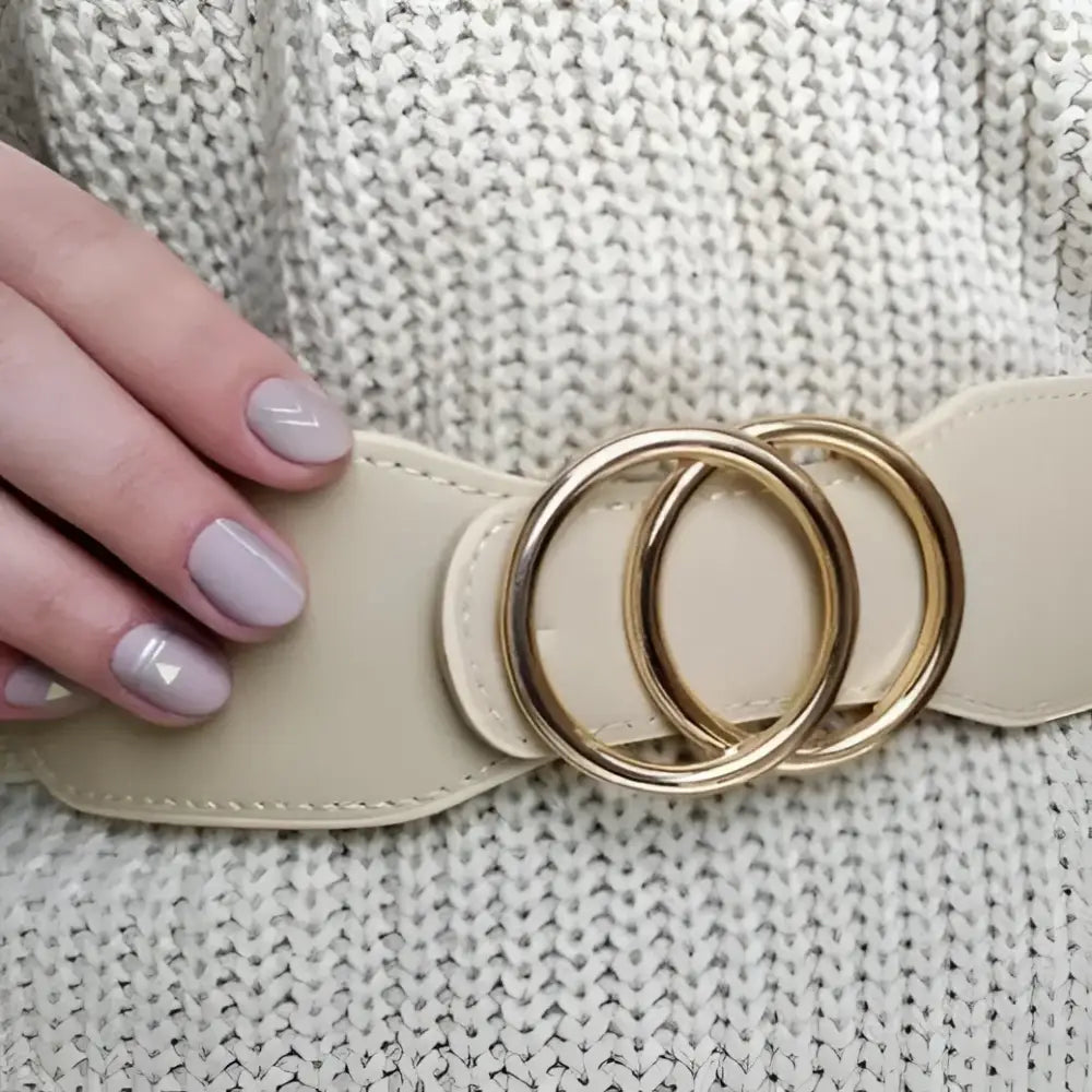 Beige belt with interlocking gold circles from the Cream Ribbed Dress with Black Belt and Gold Interlocking Circles