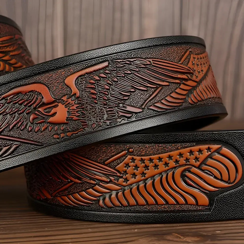 Embossed black leather belt with eagle and flag design from Distinctive Nukka Model Western En Cuir