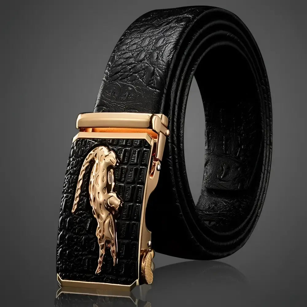 Elegant croco leather suit belt with gold jaguar buckle, stylish belt crocodile pour