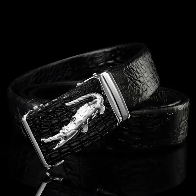 Black croco leather belt with silver crocodile buckle for suit wear and belt crocodile pour