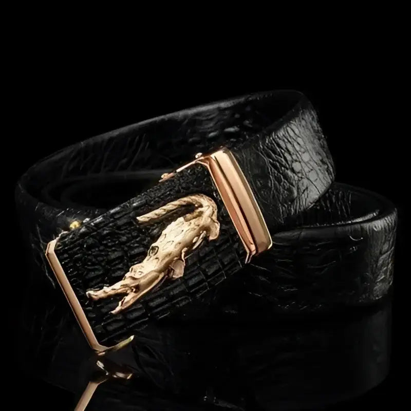 Black croco leather belt with gold crocodile buckle for elegant suit wear