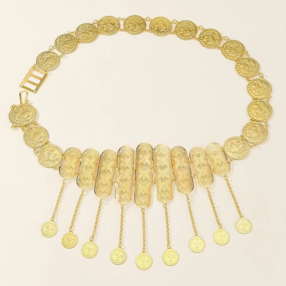 Elegant gold Moroccan belt with coin and filigree pendants for graceful accessorizing