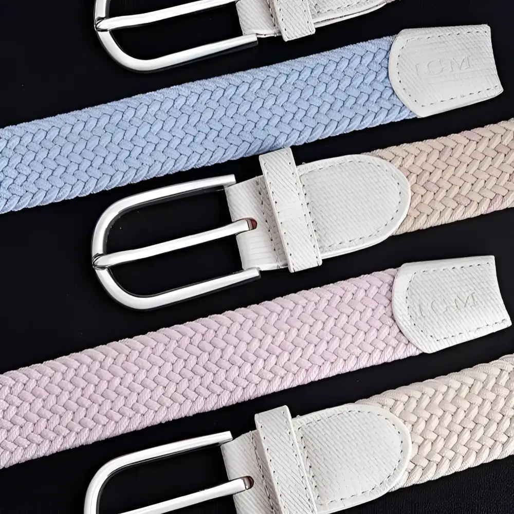 Elegant Telica Belt collection featuring braided pastel belts with silver buckles in pink white and blue
