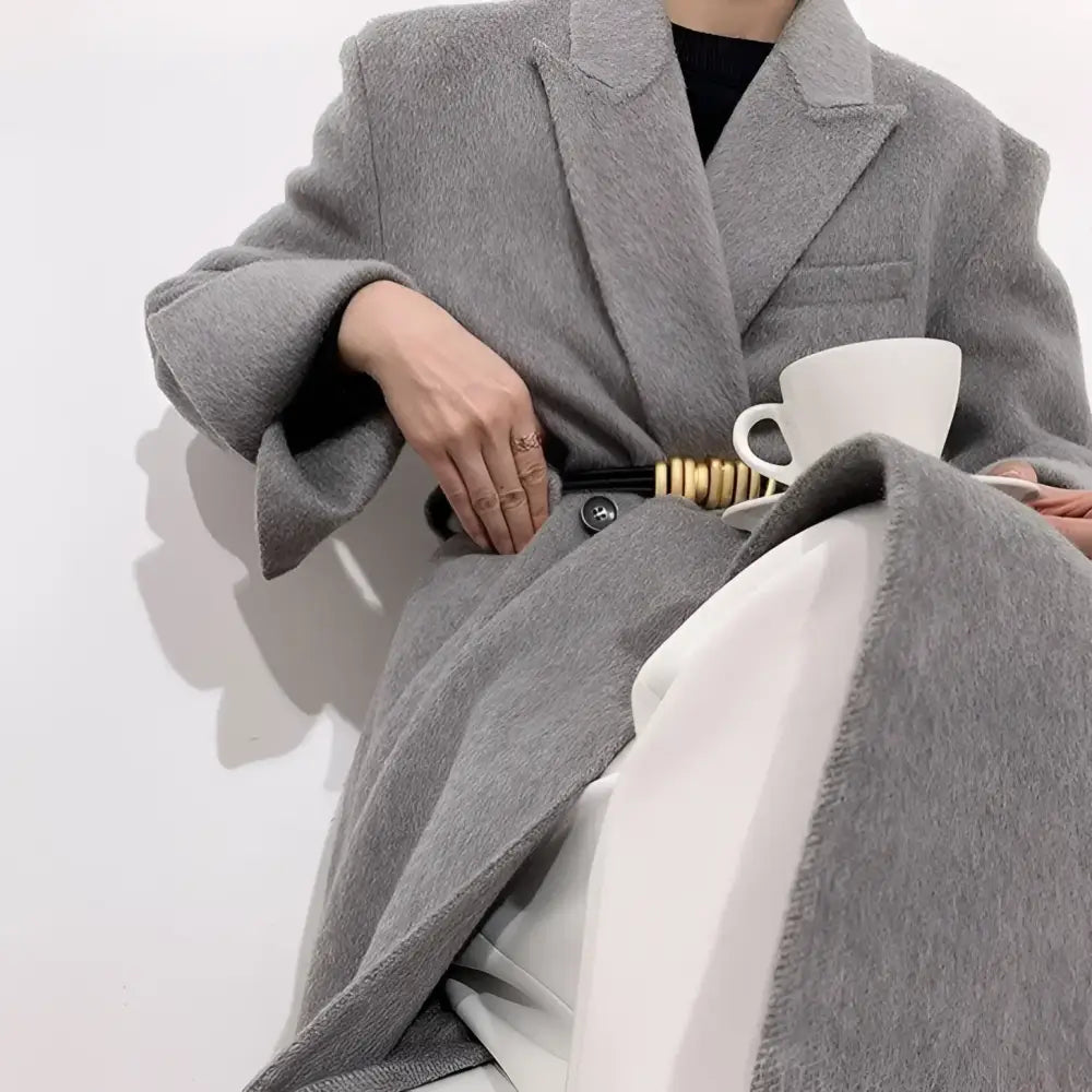 Gray wool coat with Madona belt, stylish piece for trendy women’s fashion