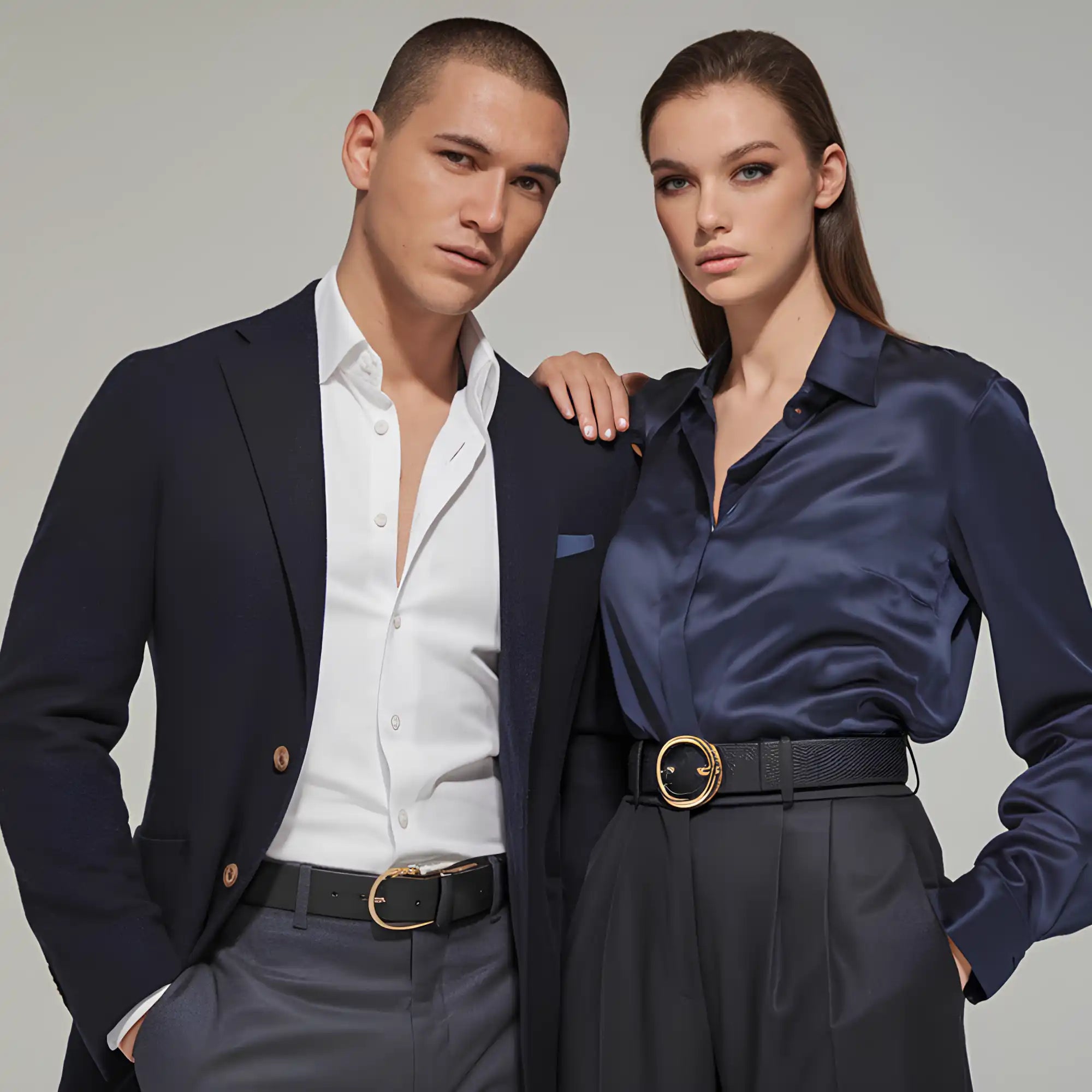 Fashionable man and woman wearing belts.