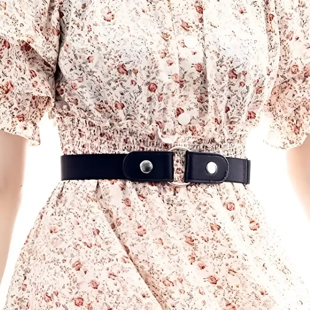 Floral dress with beige elastic belt and gold ring buckle for elegant style
