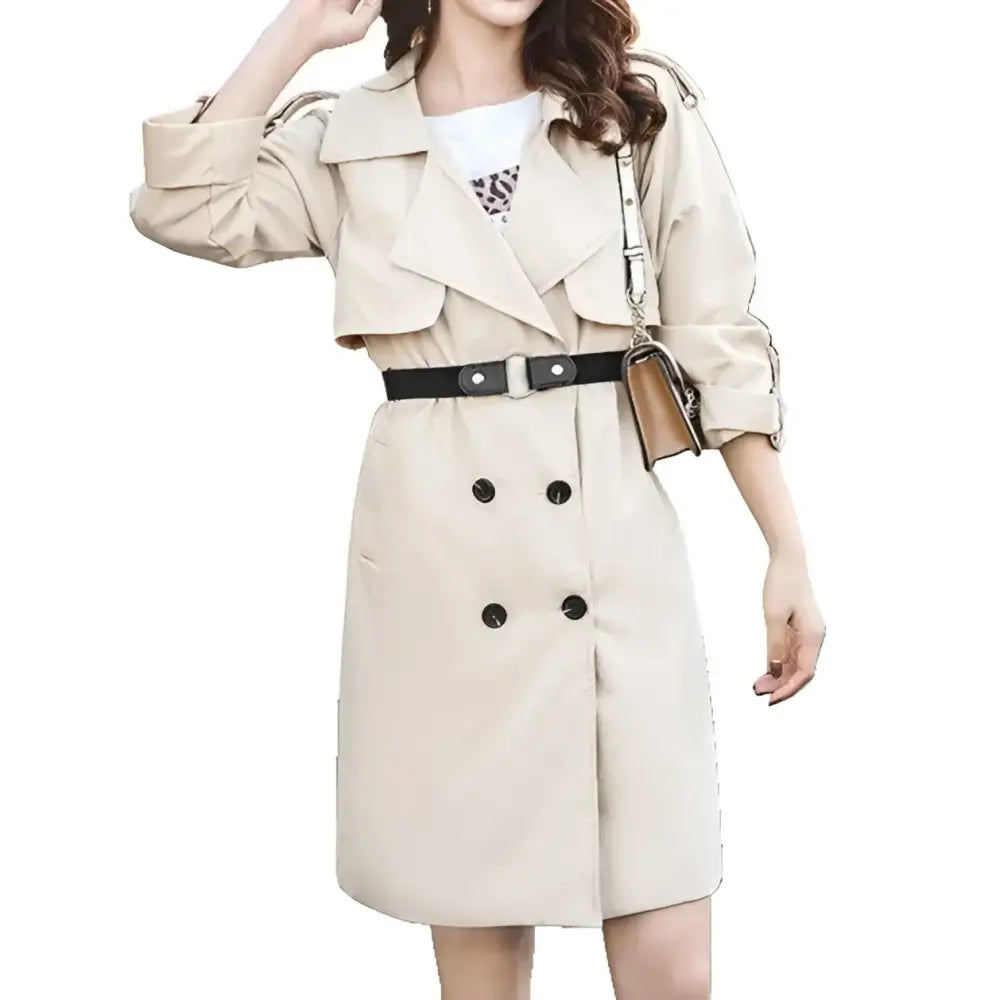 Beige double-breasted trench coat with black belt displayed with Floral Dress with Elastic Beige Belt and Gold Ring Buckle