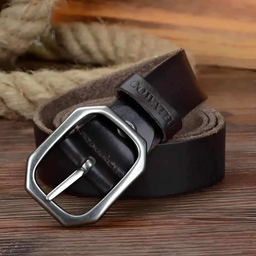 Genuine leather belt with silver buckle in brown, stylish and durable leather accessory