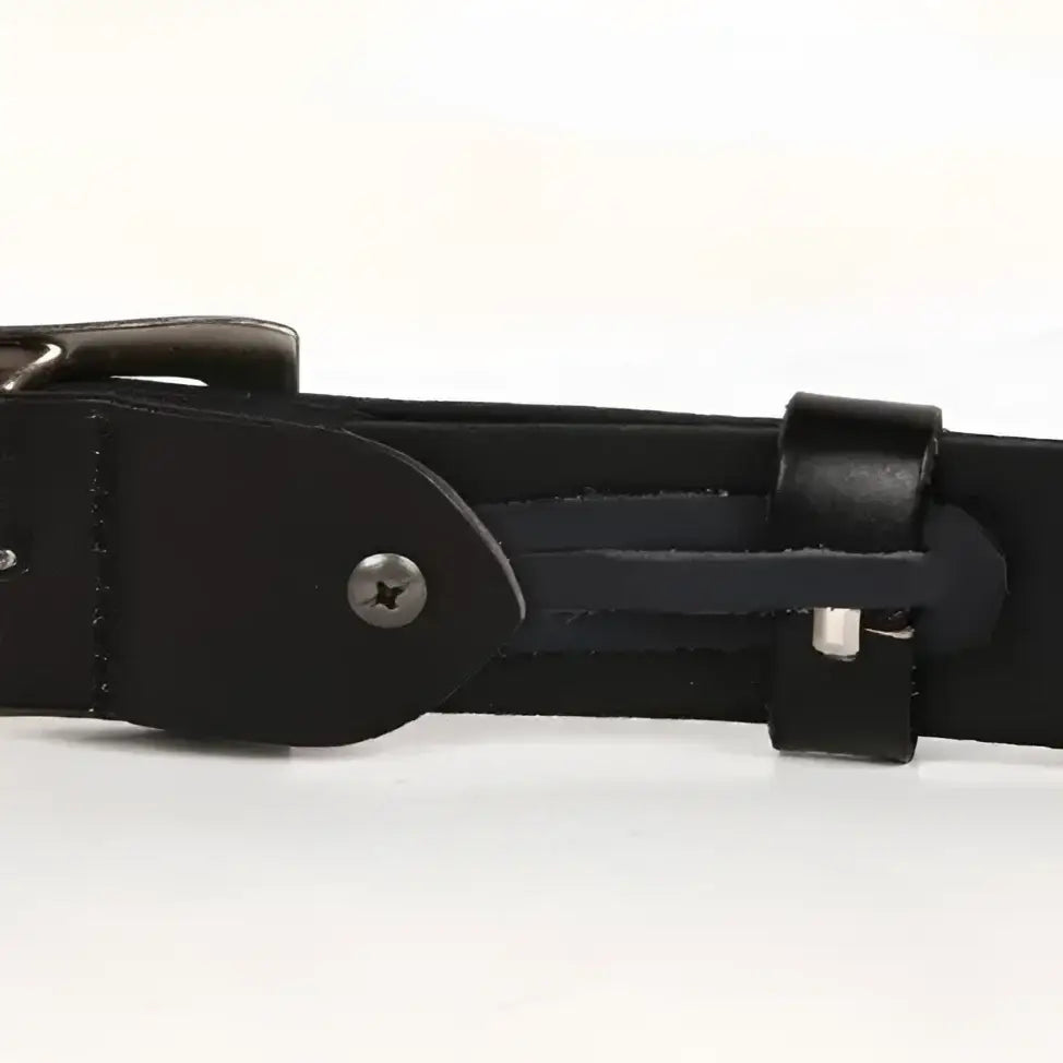 Black genuine leather studded belt with metal buckle for a stylish, durable look