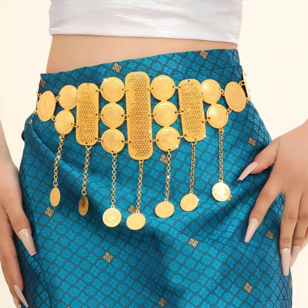 Gold coin and bar mesh belt with dangling pendants showcasing luxurious jewelry design