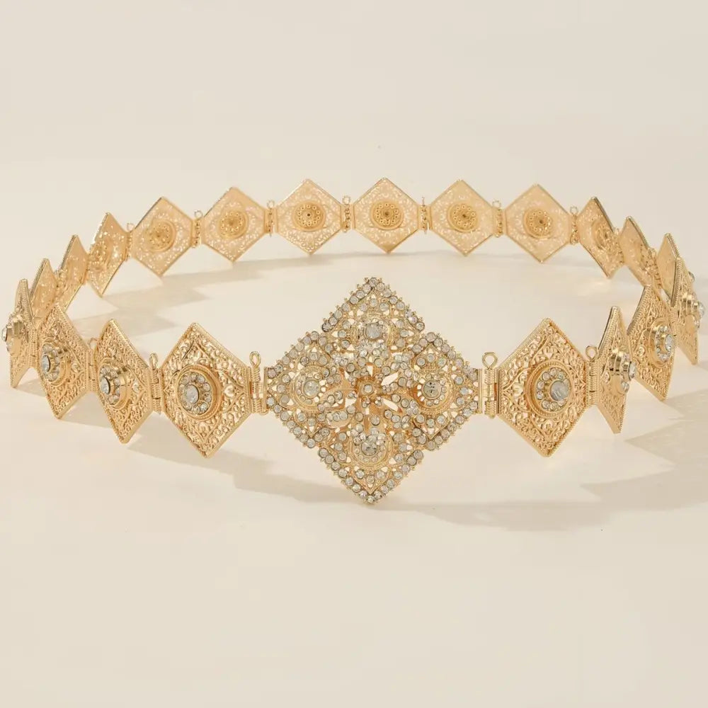 Gold-tone Moroccan belt with diamond-shaped rhinestone embellishments for elegant fashion