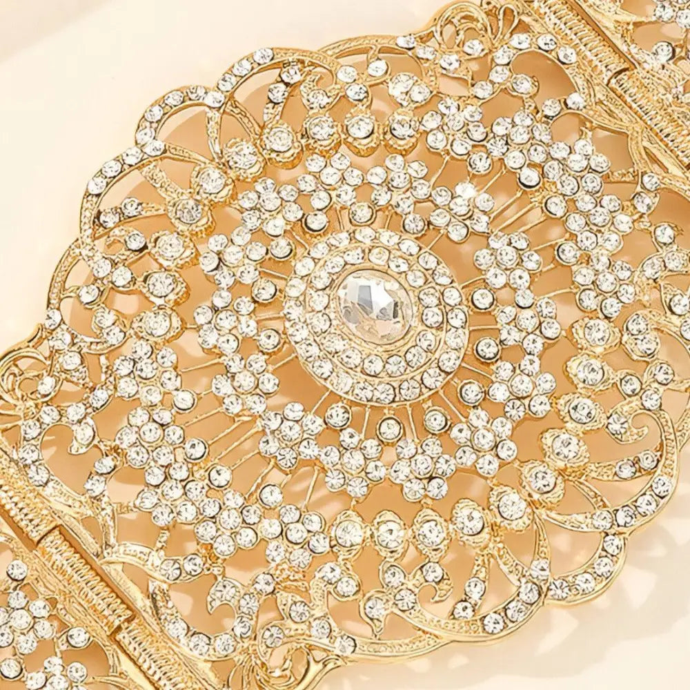 Ornate gold-tone Moroccan belt with rhinestones and intricate detailing for elegant style