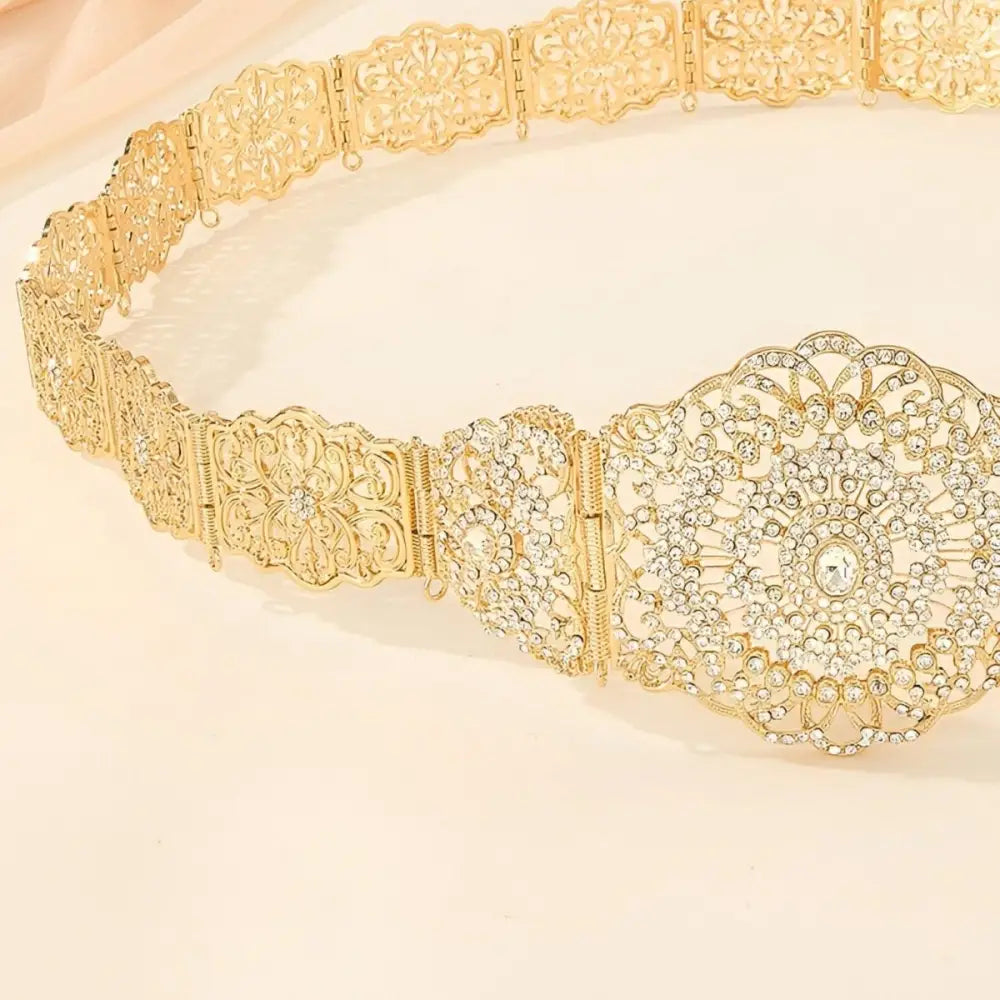 Elegant gold-tone metal Moroccan belt with rhinestones and ornate detailing for stylish accents