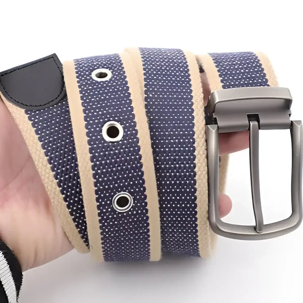 Gray striped canvas belt with metal buckle, ideal for belt offers and casual wear