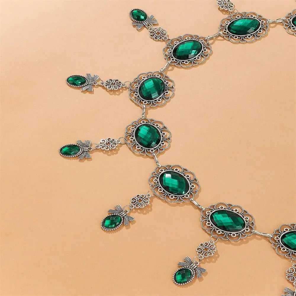 Green gemstone silver filigree Moroccan belt for elegant blue dresses