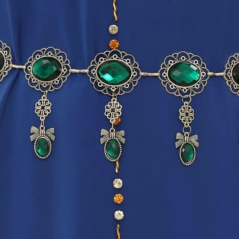 Green-gemmed silver Moroccan belt suitable for elegant blue dresses