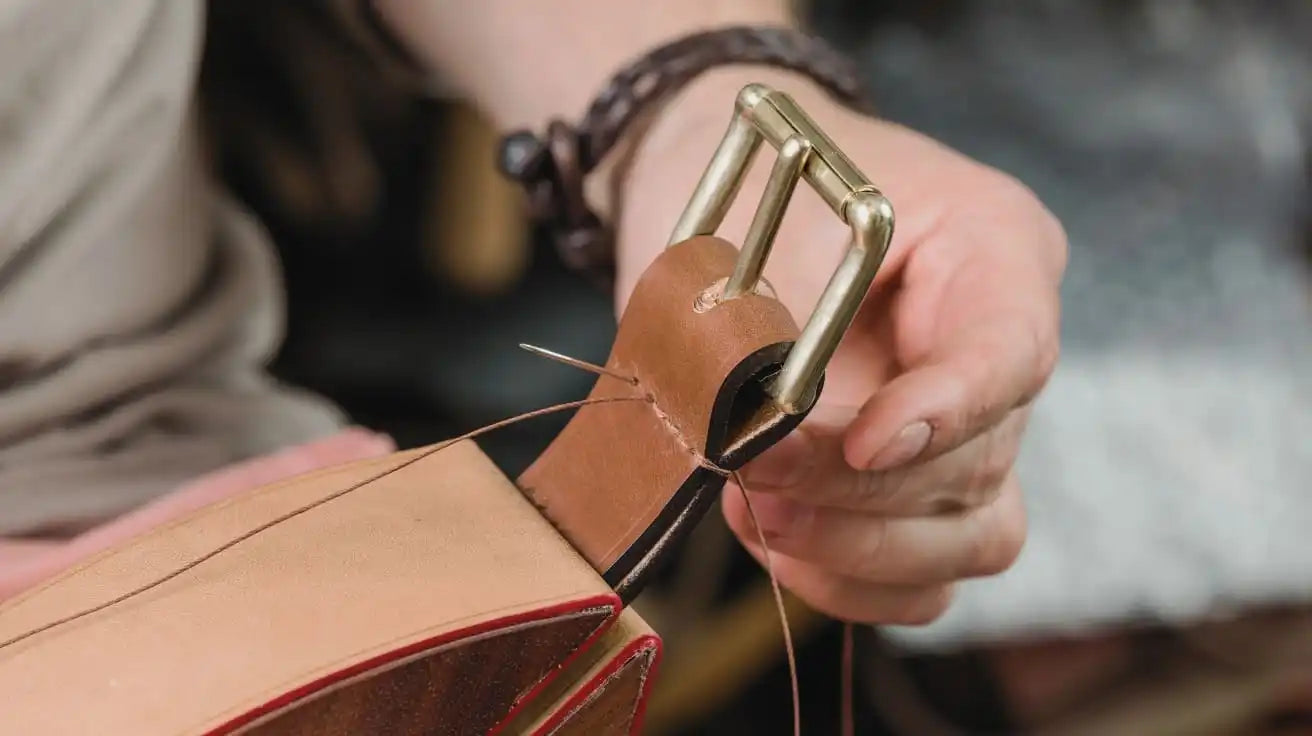 Hand-stitched leather bag with metal buckle.