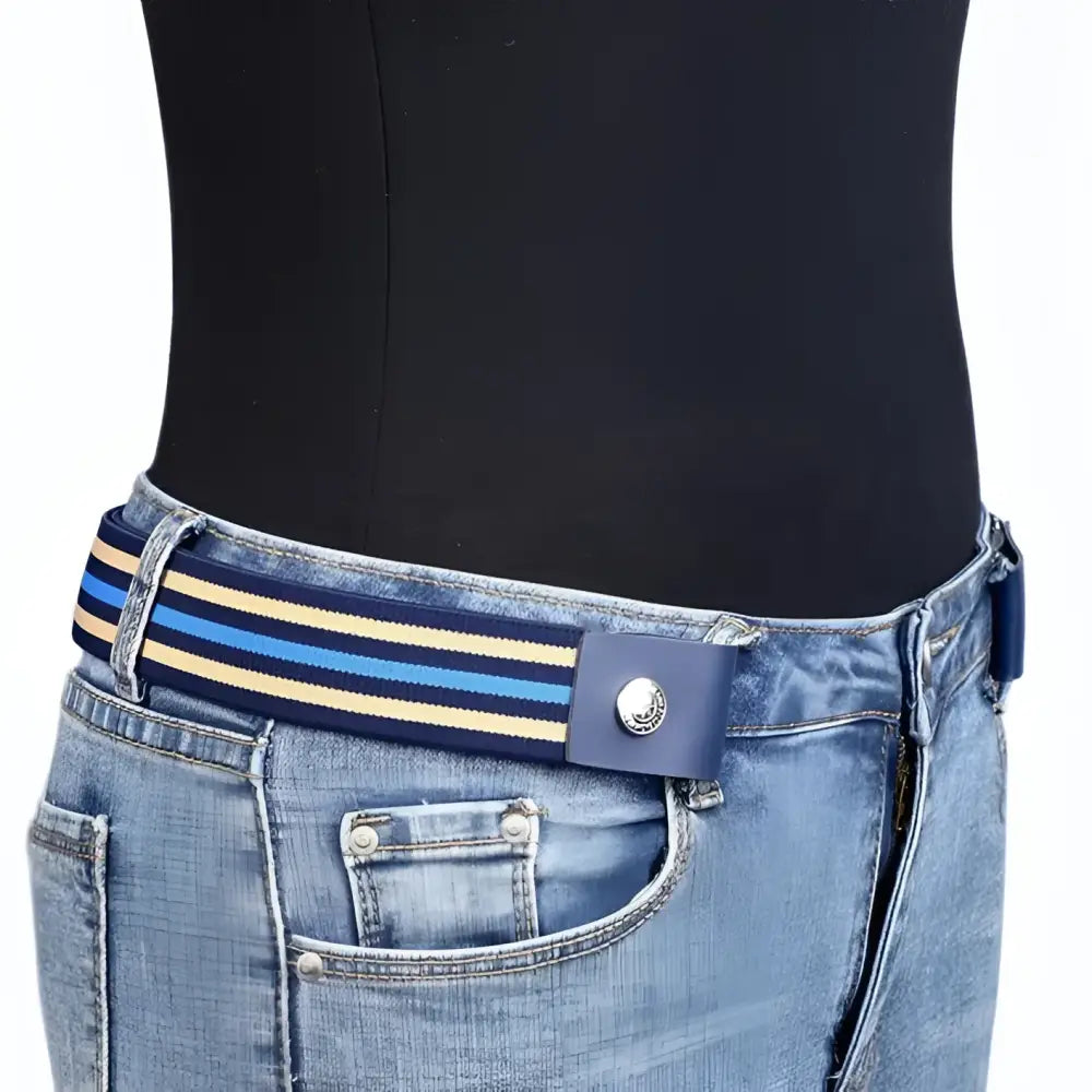 Striped elastic belt on jeans from Jeans with Yellow Buckle Belt and Striped Elastic Belts
