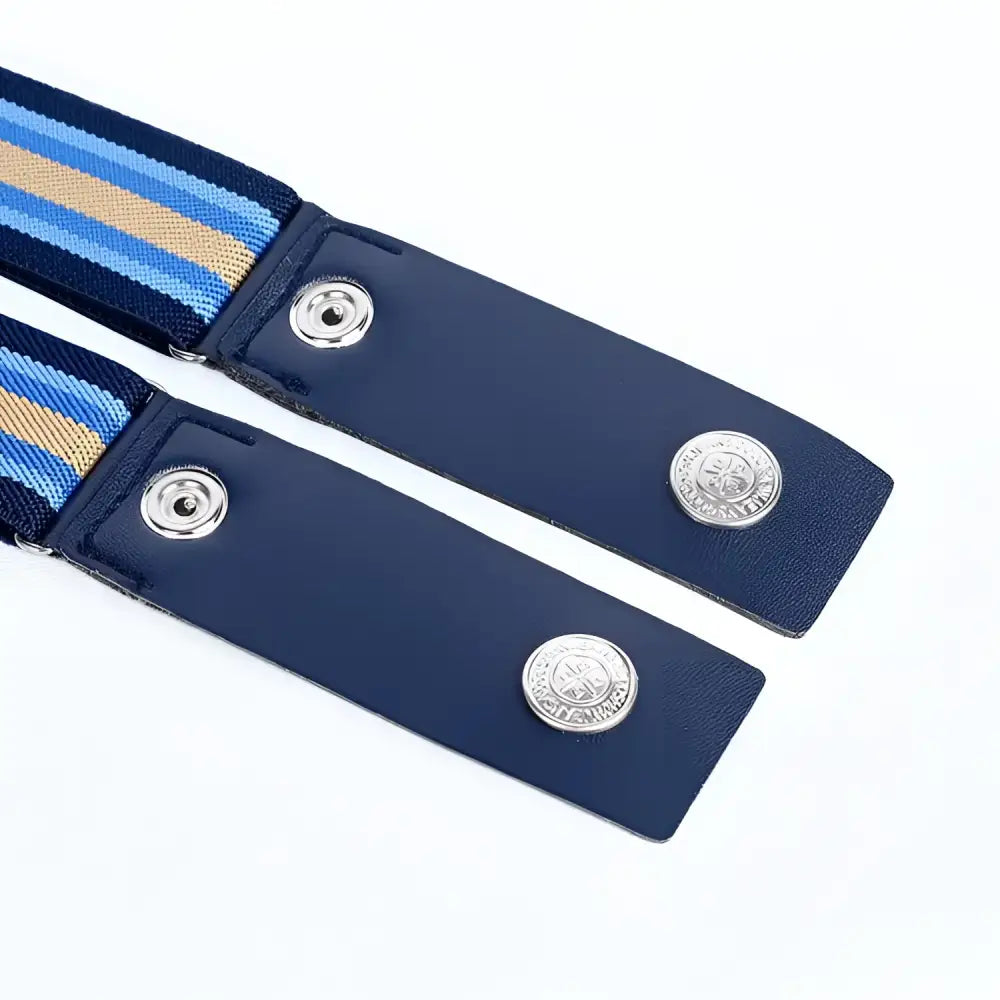 Striped elastic suspender straps with leather ends on Jeans with Yellow Buckle Belt