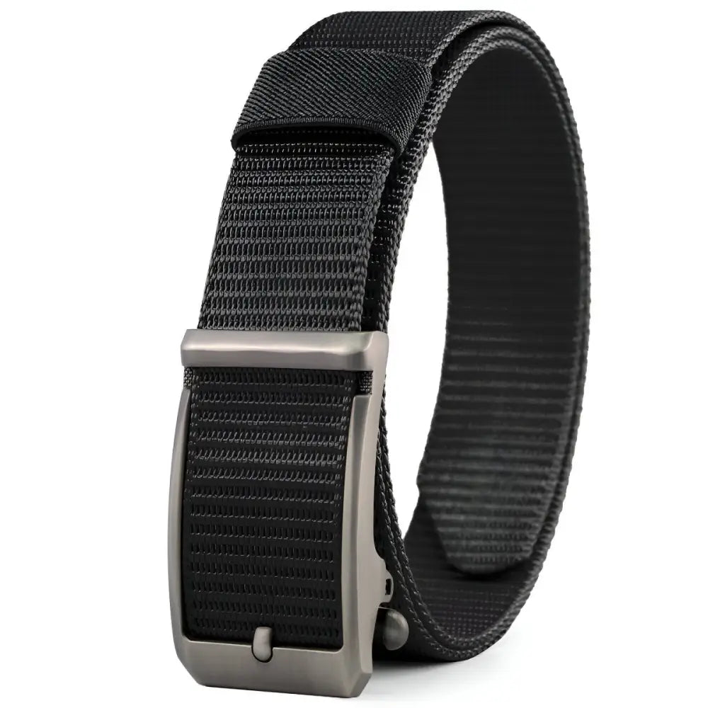 Black nylon web belt with metal buckle, featured in the Khaki Nylon Fabric Belt product