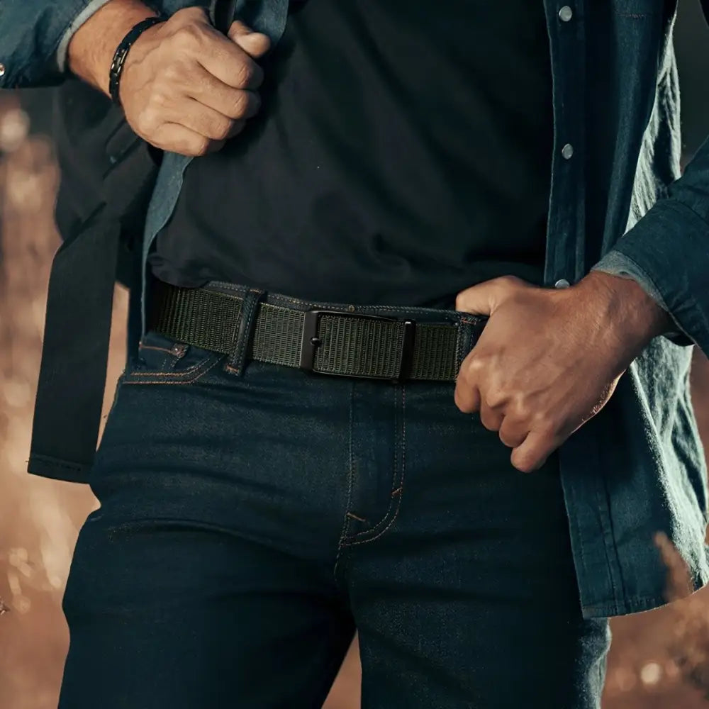 Dark fabric belt with metal buckle from Khaki Nylon Fabric Belt collection